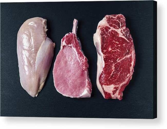 Chicken Meat Acrylic Print featuring the photograph Raw meat (chicken breast, pork chop, and beef steak) #1 by Claudia Totir