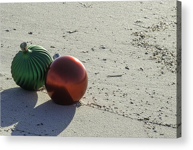 Christmas Acrylic Print featuring the digital art Red and Green Bulbs on the Beach #1 by Michael Thomas