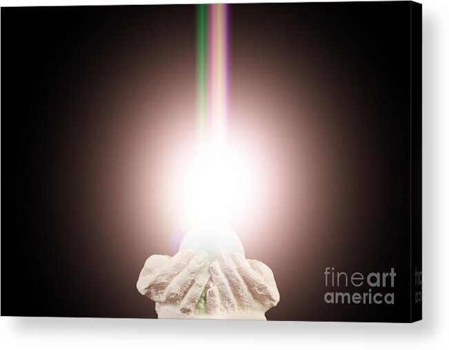  Spiritual Acrylic Print featuring the photograph Spiritual light in cupped hands on a black background #1 by Simon Bratt