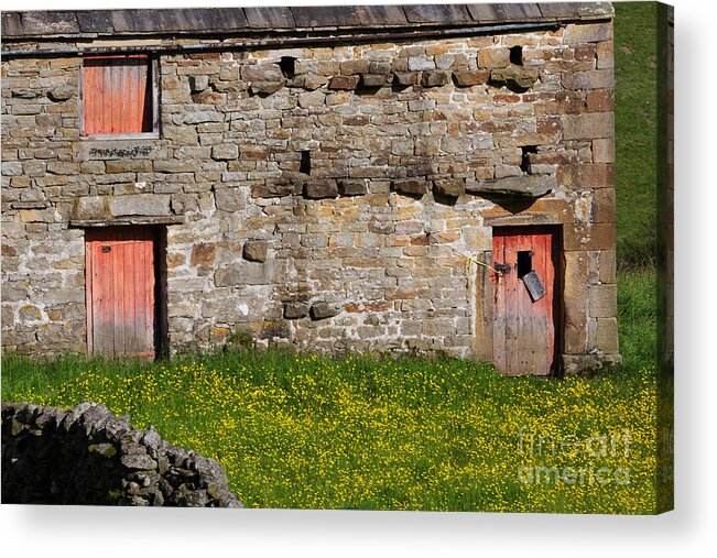 Stone Acrylic Print featuring the photograph Stone barn with red doors in Swaledale Yorkshire Dales #2 by Louise Heusinkveld