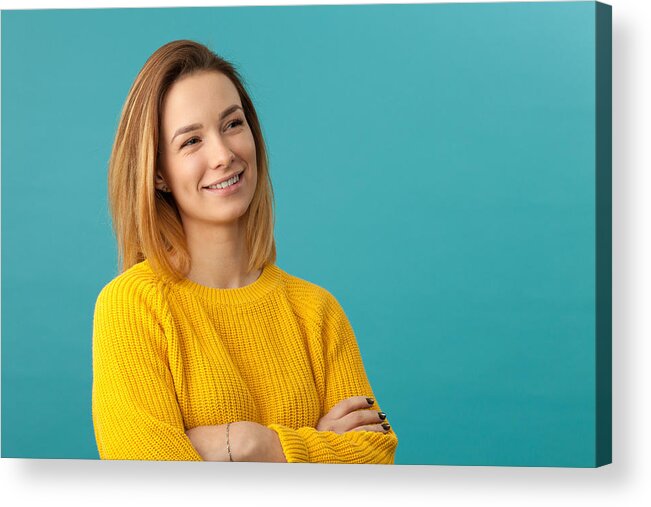 Sweater Acrylic Print featuring the photograph Studio portrait of an attractive 20 year old woman #1 by Brusinski