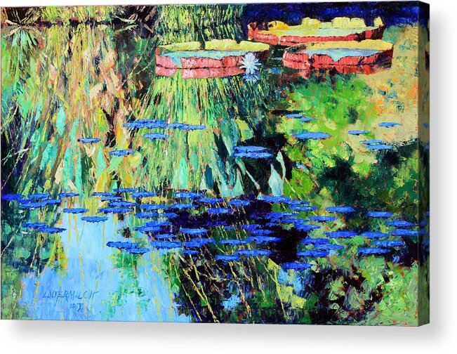 Garden Pond Acrylic Print featuring the painting Summer Colors on the Pond #2 by John Lautermilch