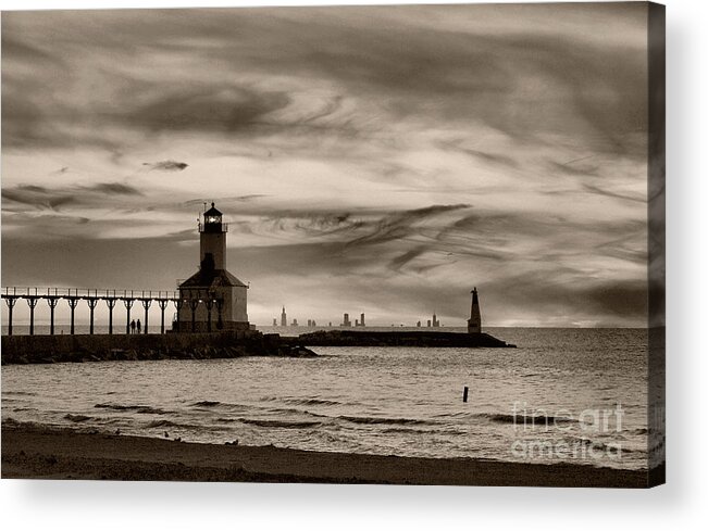 Lighthouse Acrylic Print featuring the photograph Sunset Walk at Michigan City #1 by Brett Maniscalco