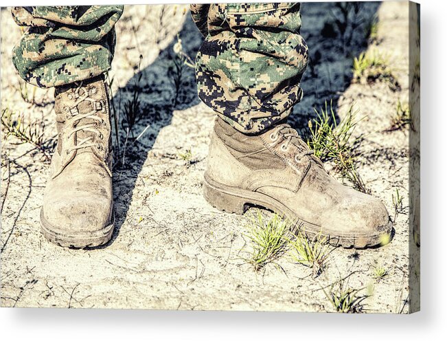 Military Acrylic Print featuring the photograph United States Marine Corps Combat Boots #1 by Oleg Zabielin