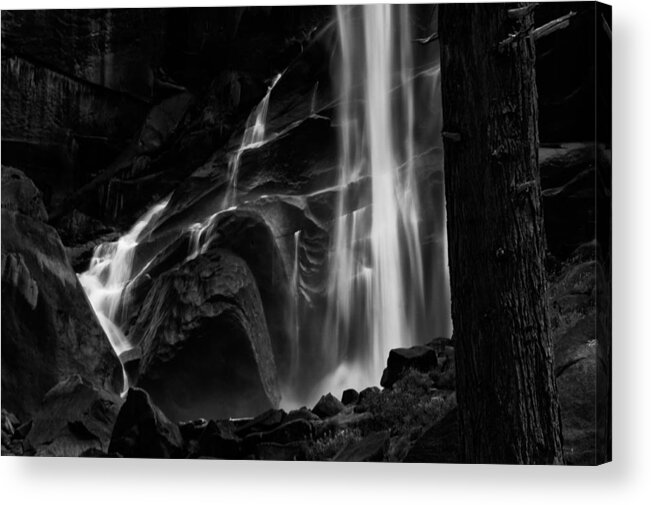 Water River Waterfall Mountains Yosemite National Park Sierra Nevada Landscape Scenic Nature California Sky Clouds Black White Acrylic Print featuring the photograph Vernal Falls #1 by Cat Connor