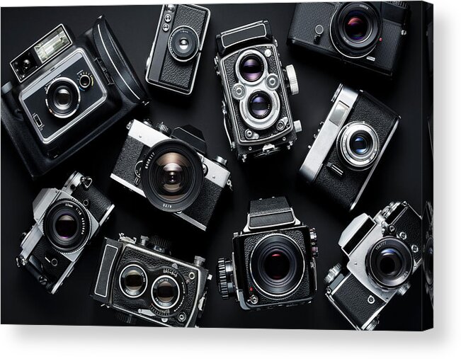 Black Background Acrylic Print featuring the photograph Vintage Cameras #1 by Jorg Greuel