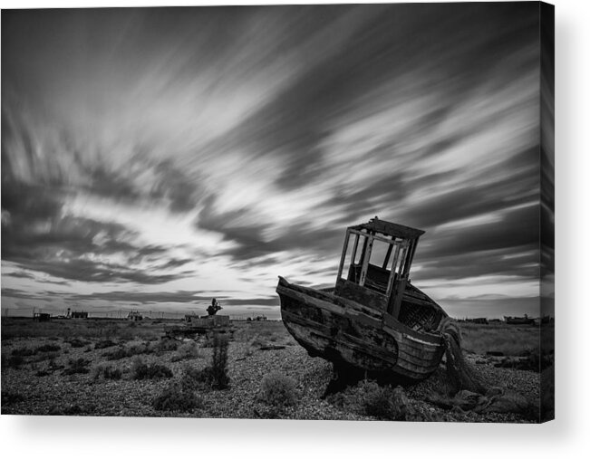 Long Exposure Acrylic Print featuring the photograph Stunning black and white image of abandoned boat on shingle beac #11 by Matthew Gibson