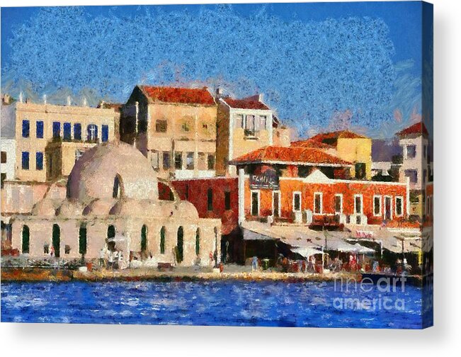 Chania; Hania; Crete; Kriti; Town; Old; City; Port; Harbor; Venetian; Greece; Hellas; Greek; Hellenic; Islands; Sea; People; Tourists; Tradition; Traditional; Island; Building; Buildings; Cafe; Cafeteria; Restaurant; Turkish; Baths; Holidays; Vacation; Travel; Trip; Voyage; Journey; Tourism; Touristic; Summer; Paint; Painting; Paintings; Color; Colorful; Colour; Colourful Acrylic Print featuring the painting Painting of the old port of Chania #5 by George Atsametakis