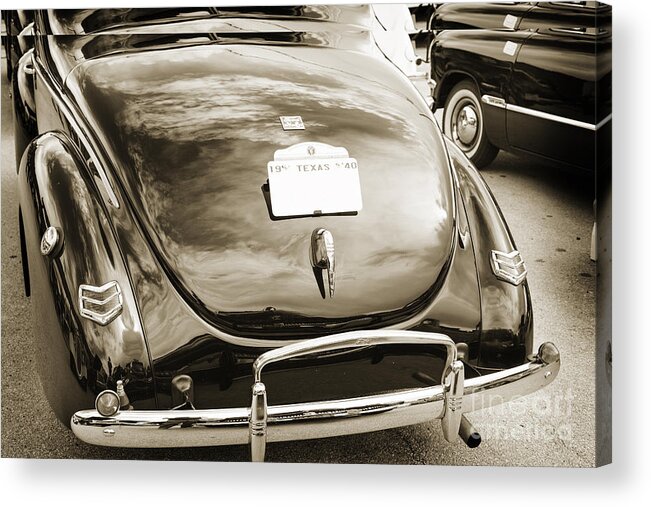 1940 Ford Acrylic Print featuring the photograph 1940 Ford Classic car back side and trunk Photograph in sepia 31 by M K Miller