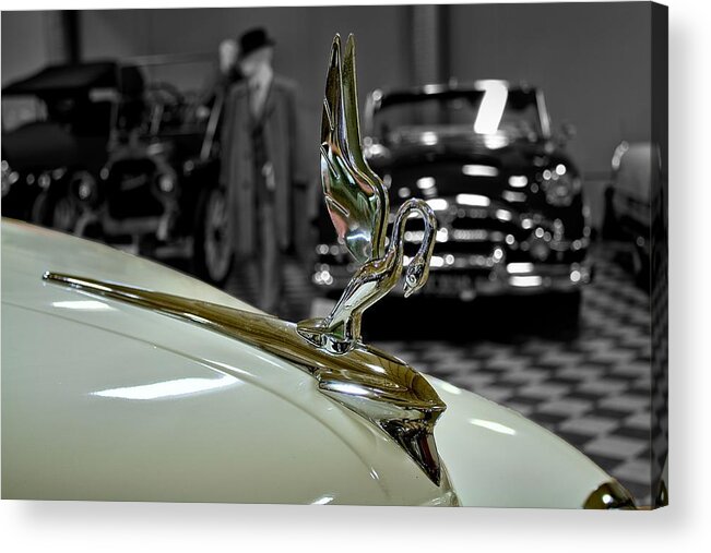 Antique Automobile Acrylic Print featuring the photograph 1947 Packard Hood Ornimate by Michael Gordon