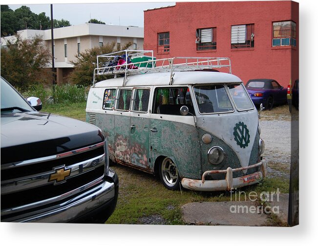 A 1964 Volkswagon Bus Lowered In All It's Glory. Peace Acrylic Print featuring the photograph 1964 Volkswagon Bus by Robert Loe