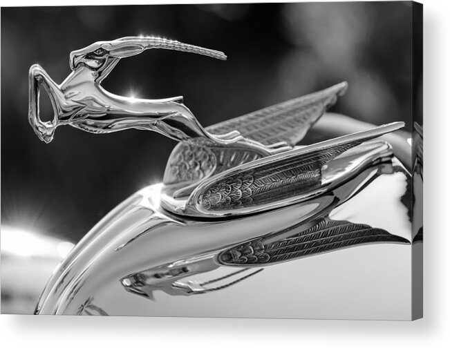 1933 Chrysler Imperial Acrylic Print featuring the photograph 1933 Chrysler Imperial Hood Ornament -0484BW by Jill Reger