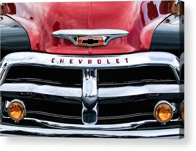 1955 Chevrolet 3100 Pickup Truck Grille Emblem Acrylic Print featuring the photograph 1955 Chevrolet 3100 Pickup Truck Grille Emblem by Jill Reger