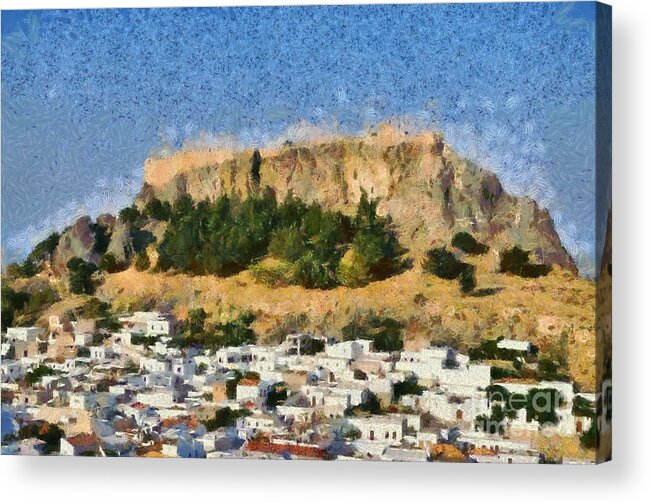 Rhodes Acrylic Print featuring the painting Acropolis and village of Lindos #1 by George Atsametakis