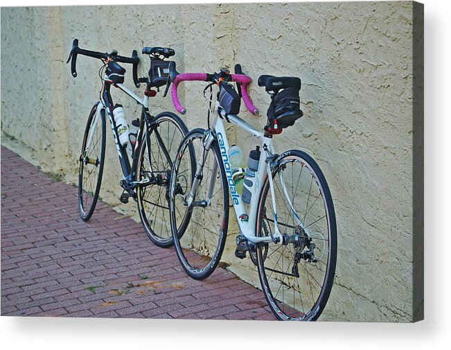 Mobile Acrylic Print featuring the digital art 2 Bikes Against Wall by Michael Thomas