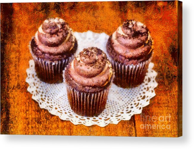 Baked Acrylic Print featuring the photograph Chocolate caramel cupcakes #2 by Les Palenik