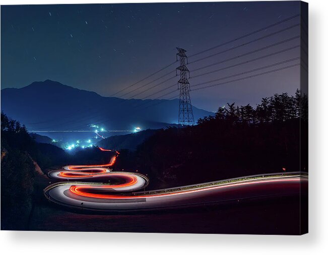 Electricity Pylon Acrylic Print featuring the photograph Light Trails Of Cars On The Zigzag Way #2 by Tokism