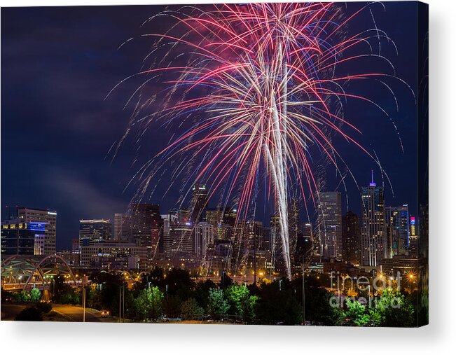 2013 Acrylic Print featuring the photograph 4th of July Fireworks Over Denver Skyline #3 by Bridget Calip