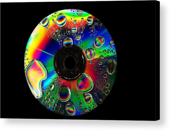 Abstract Acrylic Print featuring the photograph Abstract rainbow droplets on cd #3 by Radu Nedelcu
