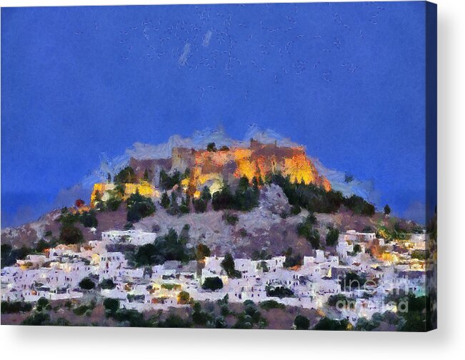 Rhodes Acrylic Print featuring the painting Acropolis and village of Lindos #2 by George Atsametakis