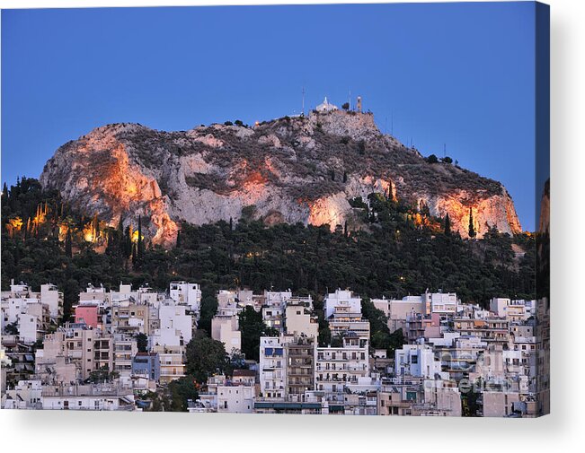 Athens; City; Capital; Attica; Attika; Attiki; Greece; Hellas; Greek; Hellenic; Europe; European; Dusk; Twilight; Night; Lights; Holidays; Vacation; Travel; Trip; Voyage; Journey; Tourism; Touristic; Summer; Summertime; Lykavittos; Lykavitos; Lycabettus; Hill; Strefi; View; Houses; Photos; Photograph; Photography Acrylic Print featuring the photograph Lycabettus hill during dusk time #4 by George Atsametakis