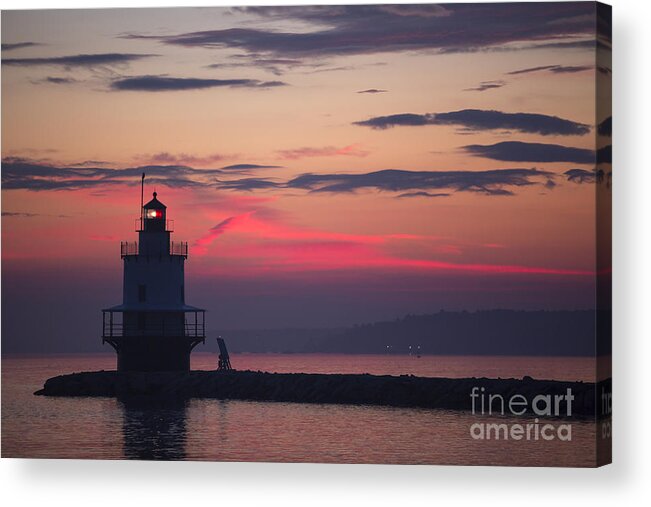 Lighthouse; Spring Point Lighthouse; Sunrise; Maine; Morning; Vibrant Color; Beacon; Beautiful; Ocean; Casco Bay; Clouds; Water Acrylic Print featuring the photograph Sunrise at Spring Point Lighthouse #1 by Diane Diederich