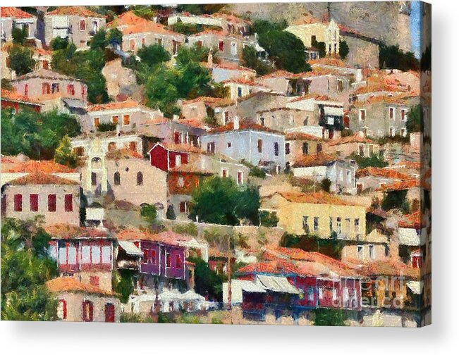 Lesvos; Lesbos; Molyvos; Molivos; Mithymna; Methymna; Village; Town; Port; Harbor; Pattern; Islands; House; Houses; Greece; Island; Hellas; Greek; Aegean; Summer; Holidays; Vacation; Tourism; Touristic; Travel; Trip; Voyage; Journey; Paint; Painting; Paintings Acrylic Print featuring the painting Molyvos town in Lesvos island #10 by George Atsametakis