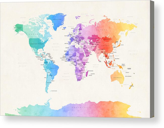 World Map Acrylic Print featuring the digital art Watercolour Political Map of the World #5 by Michael Tompsett