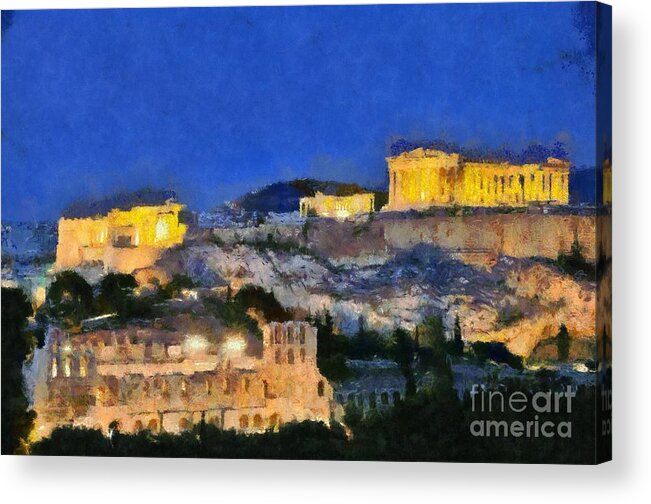 Acropolis; Acropoli; Akropoli; Akropolis; Parthenon; Erechthion; Erechtheion; Monument; Theatre; Herodus Atticus; Odeon; Athens; City; Capital; Attica; Attika; Attiki; Greece; Hellas; Greek; Hellenic; Europe; European; Temple; Ancient; Dusk; Twilight; Evening; Night; Lights; Holidays; Vacation; Travel; Trip; Voyage; Journey; Tourism; Touristic; Summer; Paint; Painting; Paintings Acrylic Print featuring the painting Acropolis of Athens during dusk time #3 by George Atsametakis