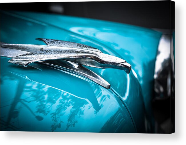 1953 Ford Bel Aire Acrylic Print featuring the photograph '53 Ford Bel Air Hood Ornament 2 #53 by Ronda Broatch