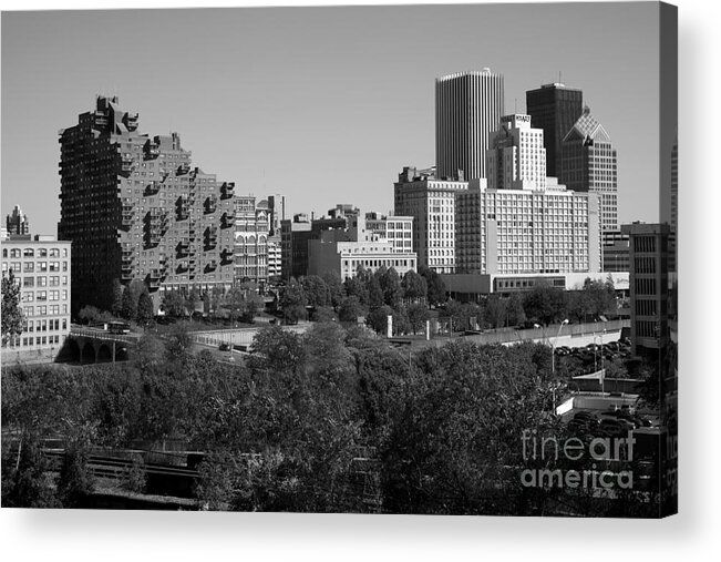 Black And White Acrylic Print featuring the photograph Rochester New York Skyline #6 by Bill Cobb