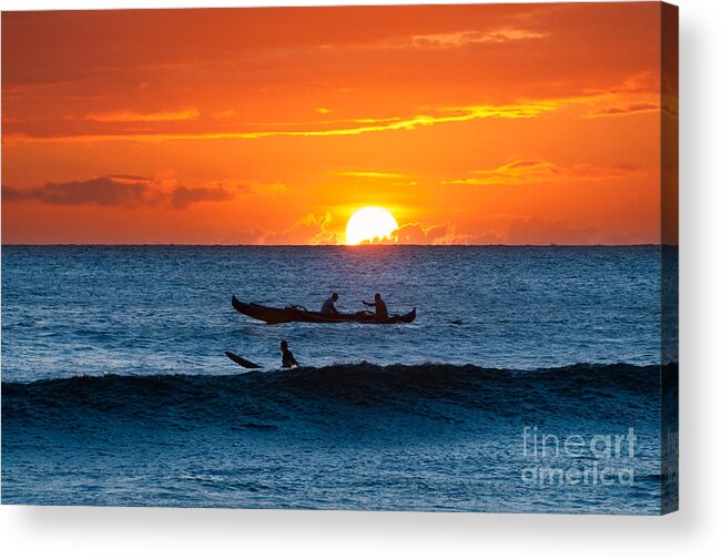 Hawaii Acrylic Print featuring the photograph A boat and surfer at sunset Maui Hawaii USA by Don Landwehrle