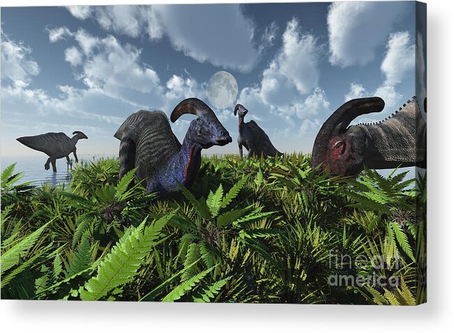 Artwork Acrylic Print featuring the digital art A Herd Of Herbivorous Parasaurolophus by Mark Stevenson