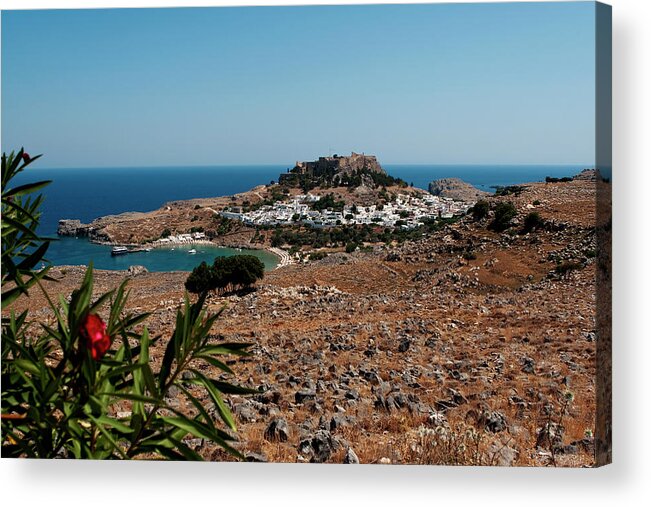 The Island Of Rhodes Acrylic Print featuring the photograph A Red Flower To Lindos by Lorraine Devon Wilke