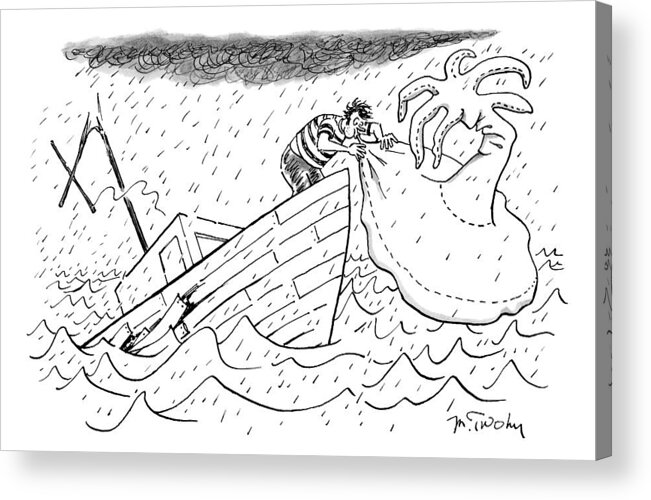 Shipwrecked Acrylic Print featuring the drawing A Sailor Blows Up An Inflatable Island by Mike Twohy