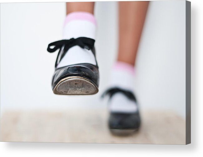 Black Acrylic Print featuring the photograph Old Tap dance shoes from dance academy - A step forward tap dance by Pedro Cardona Llambias