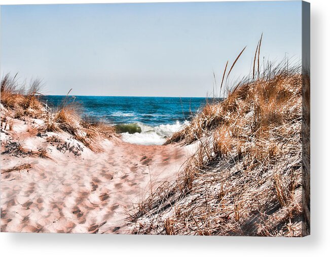 Beach Retaining Fence Acrylic Print featuring the photograph A walk out to the water by Jeff Folger