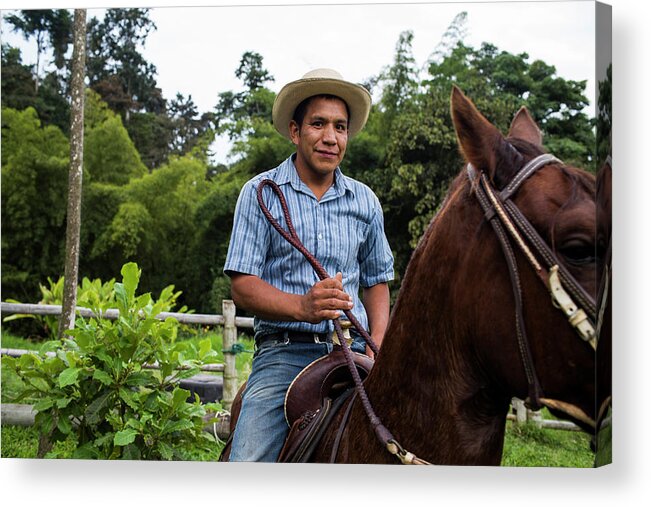 Horizontal Acrylic Print featuring the photograph A Young Man Sits On A Horse And Smiles by Modoc Stories