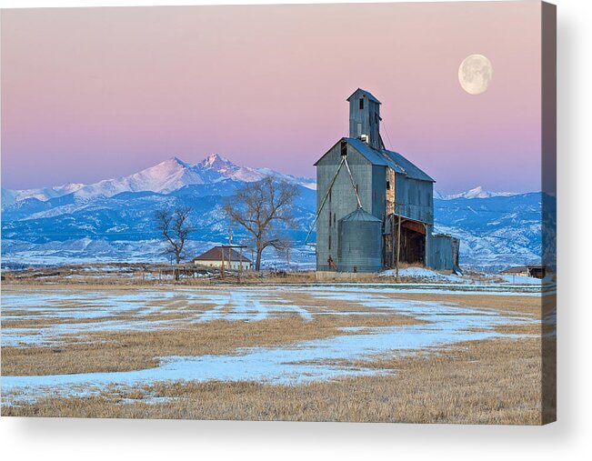 Grain Mill Acrylic Print featuring the photograph Abandon Grain Mill at Sunrise as the Moon sets on the Mountains by Ronda Kimbrow