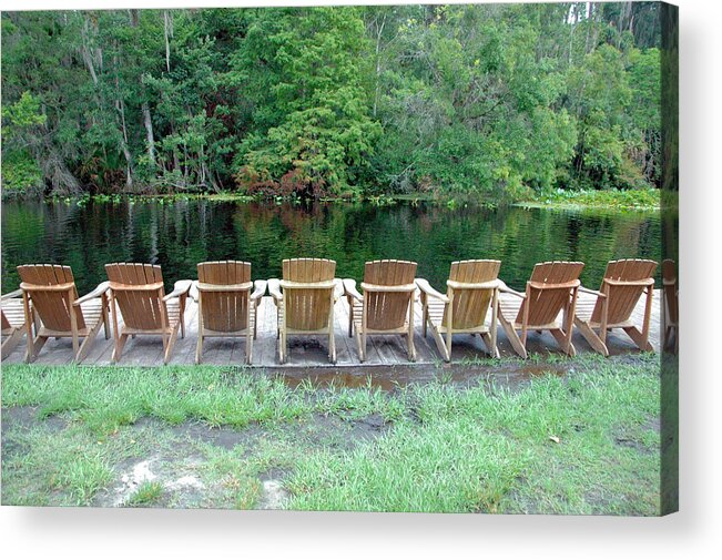 Photography Acrylic Print featuring the photograph Adirondack Chairs by Lake by RobLew Photography