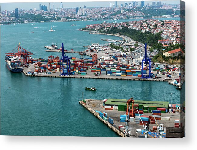 Istanbul Acrylic Print featuring the photograph Aerial View Of Container Port And Ship by Omersukrugoksu