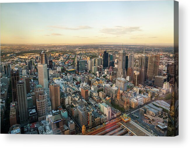 Financial District Acrylic Print featuring the photograph Aerial View Of Melbourne At Sunset by Matteo Colombo