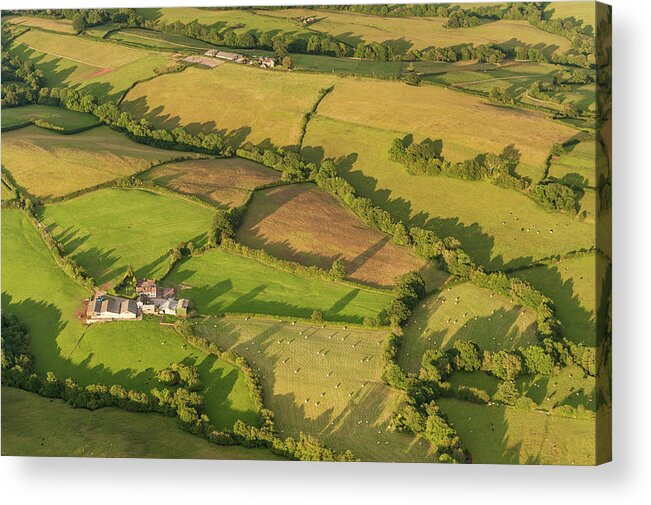 Scenics Acrylic Print featuring the photograph Aerial View Over Farms Fields Summer by Fotovoyager