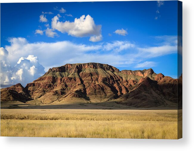110325 Sossusvlei Vacation Acrylic Print featuring the photograph Aferican Grass and Mountain in Sossusvlei by Gregory Daley MPSA