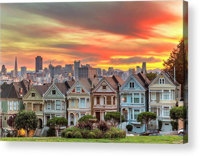 San Francisco Acrylic Print featuring the photograph Alamo Square And Painted Ladies With by Spondylolithesis