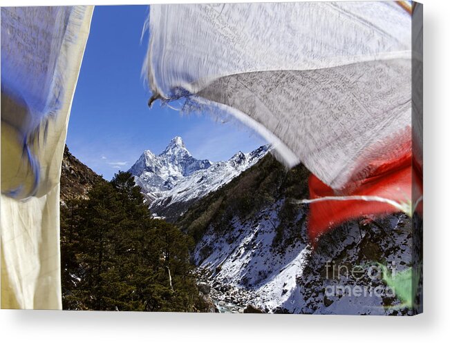 Ama Dablam Acrylic Print featuring the photograph Ama Dadlam mountain and prayer flags in the Everest Region of Nepal by Robert Preston
