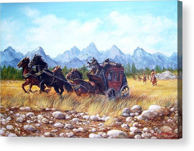 Stagecoach Acrylic Print featuring the painting Ambush by Perry's Fine Art