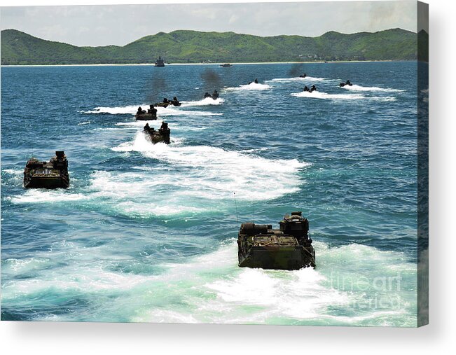 Horizontal Acrylic Print featuring the photograph Amphibious Assault Vehicles Approach by Stocktrek Images