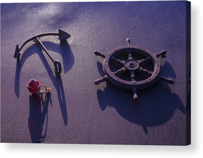 Ship's Wheel Acrylic Print featuring the photograph Anchor At Low Tide by Garry Gay