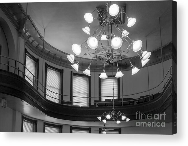 Antique Acrylic Print featuring the photograph Antique chandelier in old courtroom by Imagery by Charly